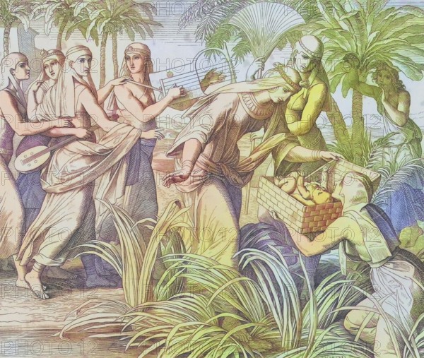 Biblical story, Moses is found in a basket, digitally enhanced reproduction of a wood engraving by