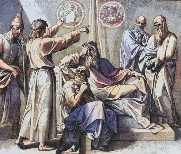Biblical story, Joseph interprets Pharaoh's dream, digitally enhanced reproduction of a wood