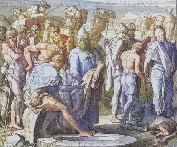 Biblical story, Joseph is sold by his brothers, digitally enhanced reproduction of a wood engraving