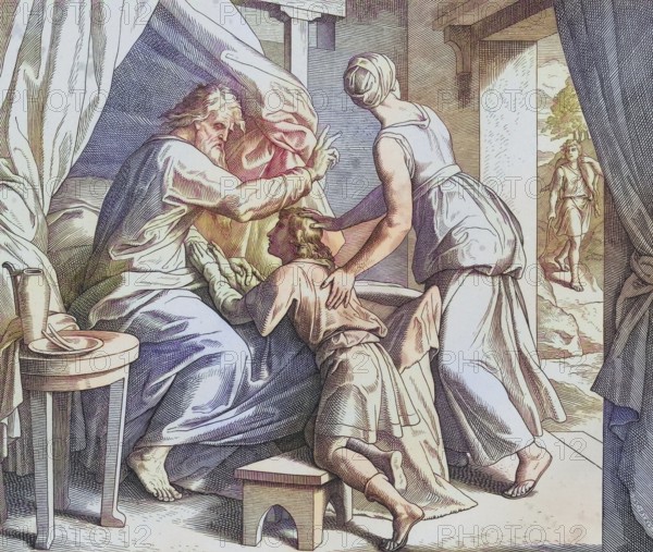 Biblical story, Jacob receives the blessing of Isaac, digitally enhanced reproduction of a wood