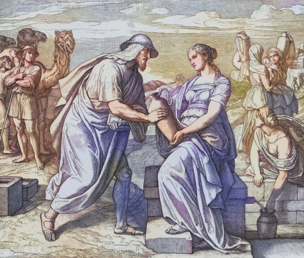 Biblical story, Abraham's servant meets Rebekah, woman of Isaac and mother of the twins Esau and