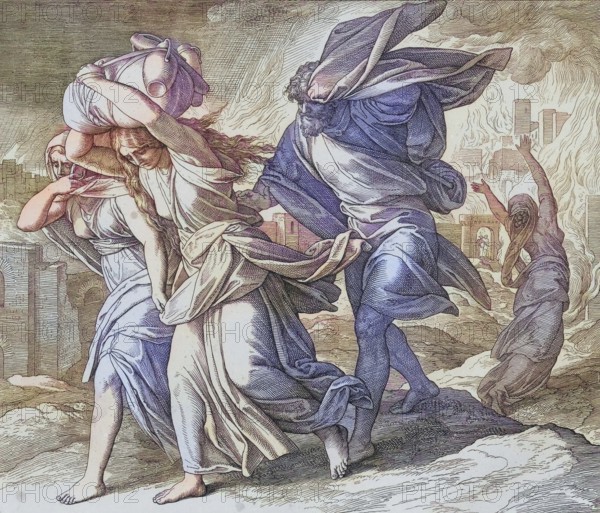 Biblical story, Lot escaped from Sodom, digitally enhanced reproduction of a wood engraving by