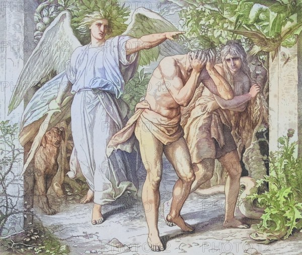 Biblical story, The Expulsion from Paradise, digitally enhanced reproduction of a wood engraving by