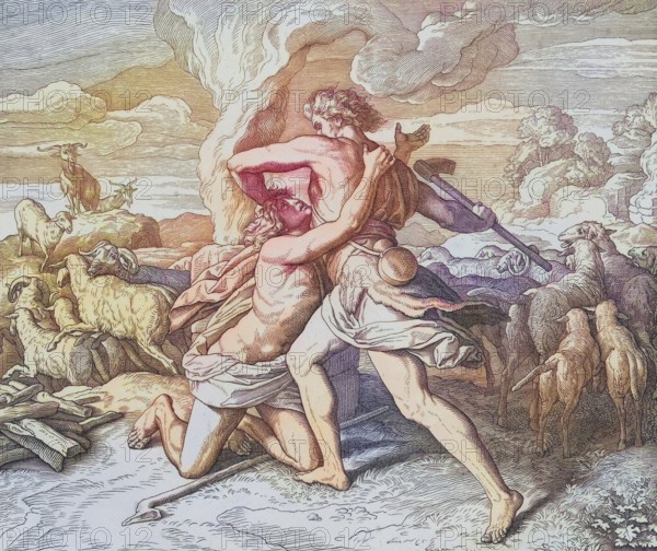 Biblical story, Cain kills his brother Abel, digitally enhanced reproduction of a wood engraving by