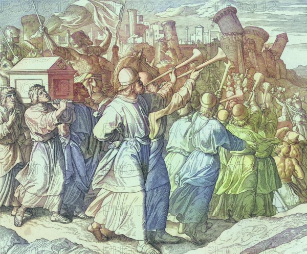 Biblical history, The walls of Jericho fall, digitally enhanced reproduction of a wood engraving by