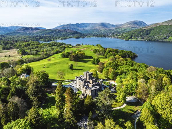 Wray Castle from a drone, Lake Windermere, Ambleside, Lake District, Cumbria, England, United