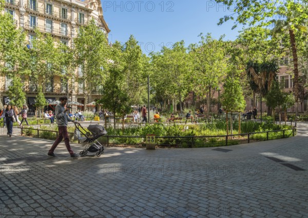 The Eixample superblock, car-free and pedestrianised area in the centre of Barcelona, Spain