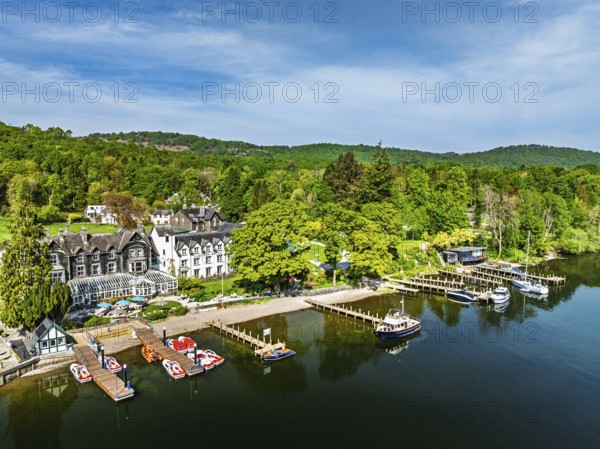 Windermere Lake from drone over Fell Foot Park, Lake District, Cumbria, England, United Kingdom