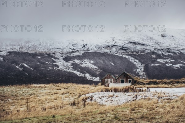 Hut close to the geysers in southern iceland, in the morning, winter, Golden Circle, Mountains,