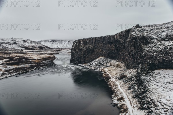 Fjord in southern iceland, Winter, Golden Circle, Mountains, River, Snow, Rocks, Iceland* Fjord in