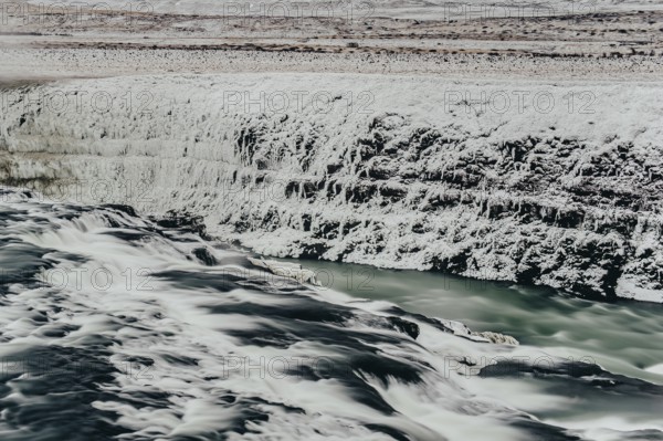 Gulfoss Waterfall in southern iceland, Winter, Golden Circle, Mountains, River, Snow, Iceland,