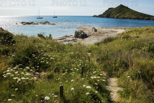 Picturesque coastal hiking trail and wild beach, Sentier du littoral, Plage Ranc, Cap Taillat,