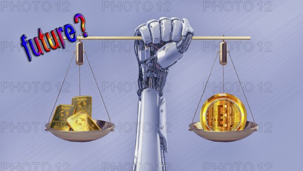 Symbolic image, gold or bitcoin, insecure digital currency, bitcoin, gold as a reserve currency,