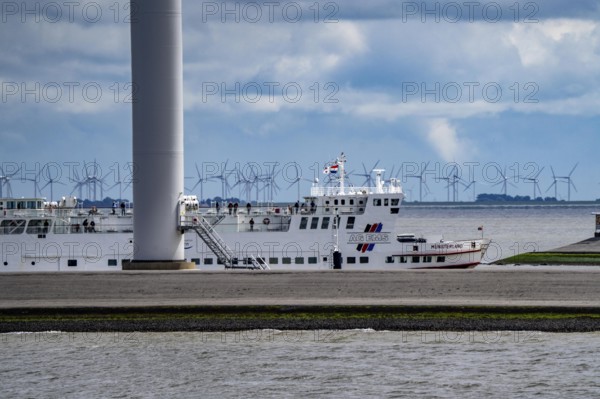 The North Sea car ferry Münsterland, arrives in the ferry harbour of Eemshaven, in the Ems estuary,