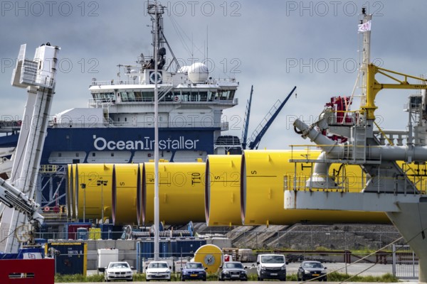 The seaport of Eemshaven, Julianahaven Basin, where the foundation structures, monopiles, for