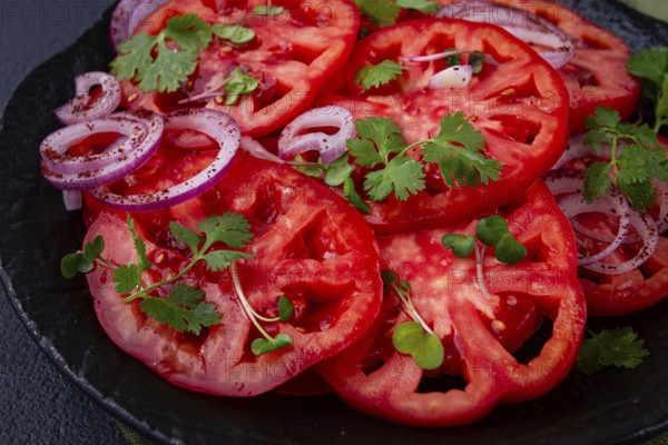 Freshly sliced tomatoes and red onions, garnished with herbs, on a black plate, summer salad, no