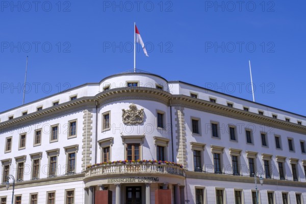 Hessian state parliament with state flag in the former Nassau city palace, Wiesbaden, Hesse,