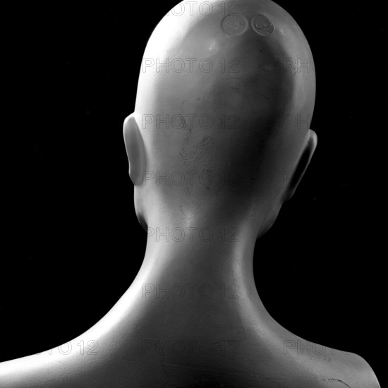 A back view of a mannequin highlights its smooth, featureless contours. The minimalist design