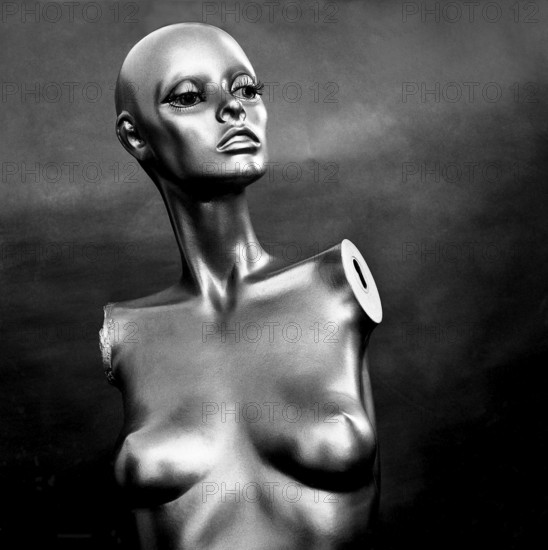 A reflective mannequin stands in a striking pose within a studio, highlighting its elegant features