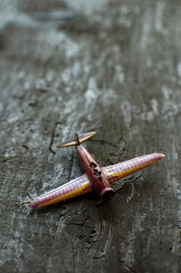 A miniature airplane rests on a rustic wooden surface, emphasizing the detailed craftsmanship and