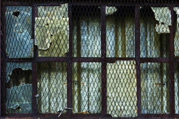 The weathered window features damaged glass and rusty metal bars, showing signs of decay and