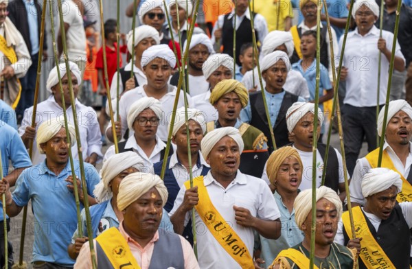 People from the Pnar community attend the Behdienkhlam festival in Jowai, India on July 14, 2025.