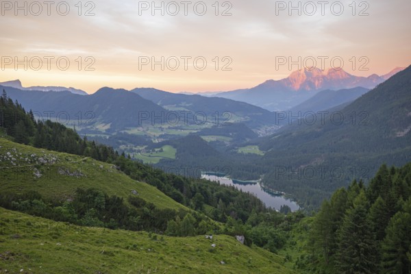 Magical sunset at the Halsalm above the Hintersee with views of the Hoher Göll and Untersberg
