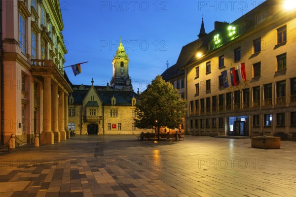 Night shot of Primitial Square with New and Old Town Hall and Primitial Palace in the historic