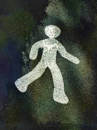A simple yet striking outline of a walking figure in white stands out against a rich, textured dark