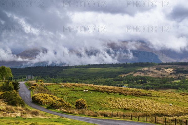 Nevis Range Mountains from Commando Memorial, Grampian Mountains, Fort William, Highland, Lochaber,