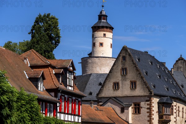 The old castle with Barbarossaplatz and the castle café in the old town centre of Büdingen, Hesse,