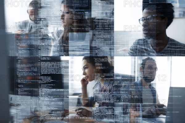 Collage of coders doing coding on transparent board. Concept of artificial AI programming and