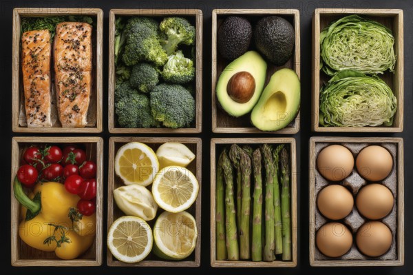 Collage of boxes with healthy food for various diets that improve digestive and heart health, AI