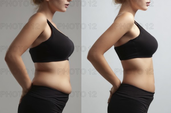 Collage of a single person showing reduction of waist fat and tummy fat, AI generated