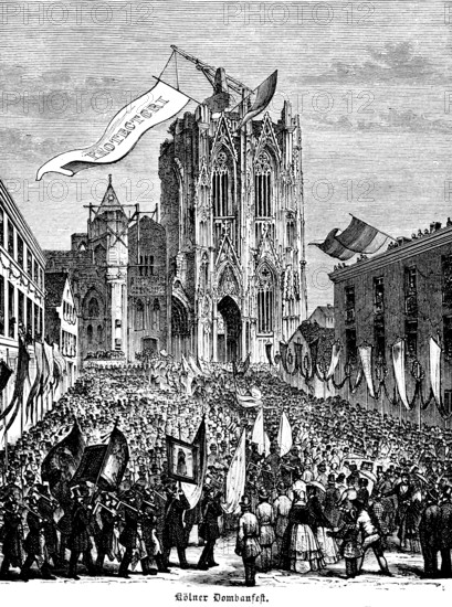 Cologne Cathedral and Cathedral Building Festival of 1880, public festival, crowd, flags,