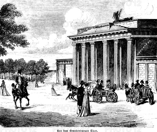 Brandenburg Tor in Berlin, horse-drawn carriages, riders, walkers, Germany, historical illustration