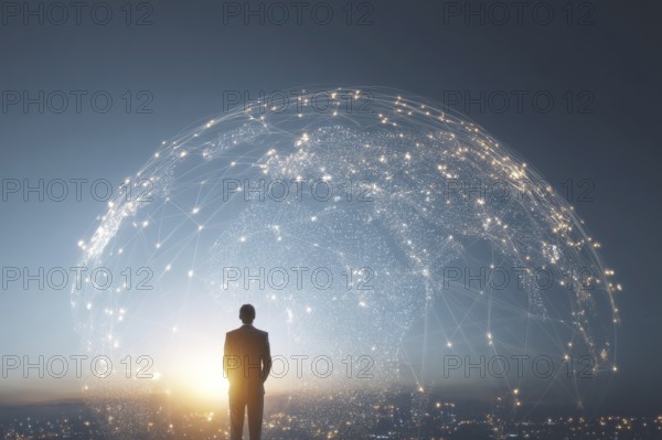 Businessman standing in front of the illuminated globe that shows light interconnections over the