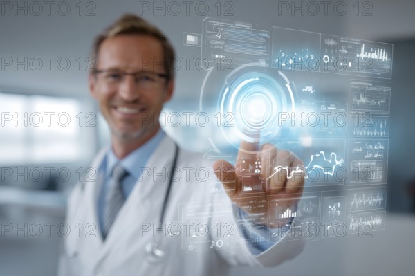 Doctor touching a medical interface in the hospital. Concept of new medical technologies and