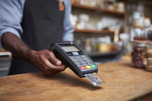 Businessman using payment terminal, credit card is inserted in POS to complete digital payment, AI