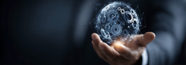 Businessman holding a digital sphere with global network and gears icons on a dark blue background,