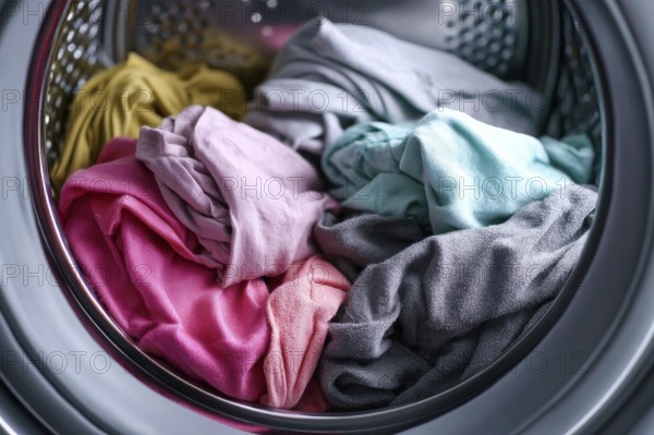 Dirty clothes in a laundry machine being washed and dried, AI generated