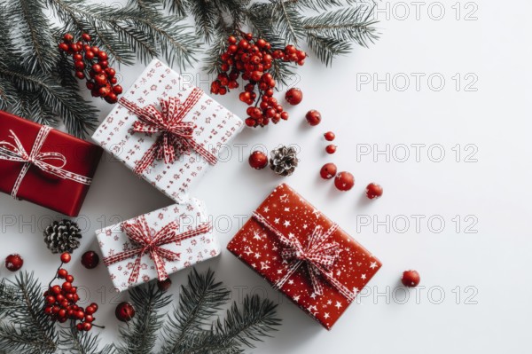 Christmas and New Year holiday background. Xmas greeting card and gifts on white background top