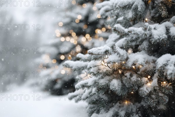 Christmas background. Xmas tree with snow decorated with garland lights, holiday festive