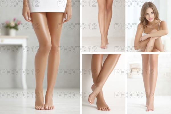 Collage of a clean shaved legs beautiful woman, concept of epilation and beauty spa treatment, AI