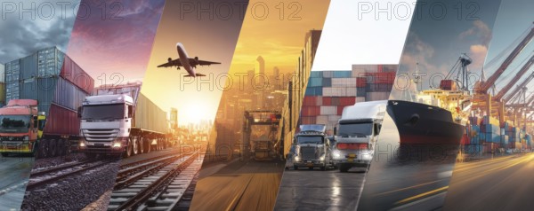 Collage international interconnected transportation businesses.Global trade and commerce of
