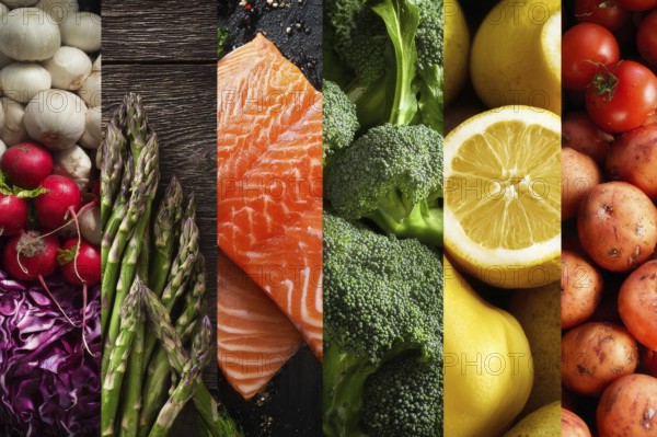 Collage healthy organic food and various healthy diets for improving weight and overall digestive