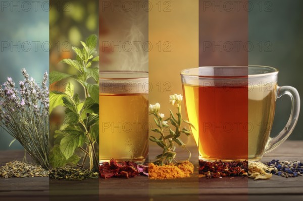 Collage healthy organic tea and healthy drinks, AI generated