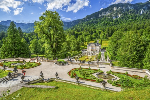 Baroque gardens at the Temple of Venus with a view of the water parterre and Linderhof Palace,