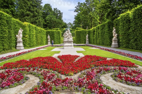 Baroque garden parterre on the east side of Linderhof Palace, Ettal, Ammertal, Upper Bavaria,
