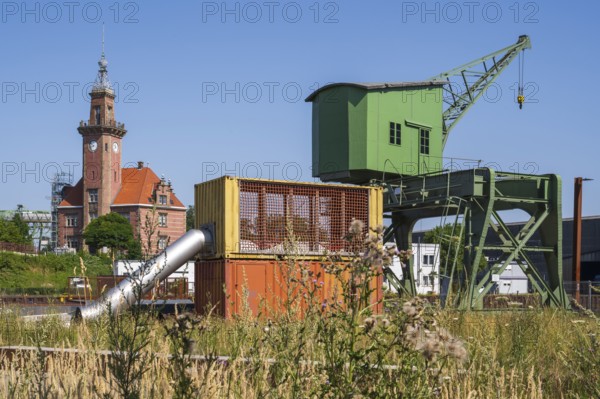 Historic crane and old harbour office, harbour, Dortmund, Ruhr area, North Rhine-Westphalia,
